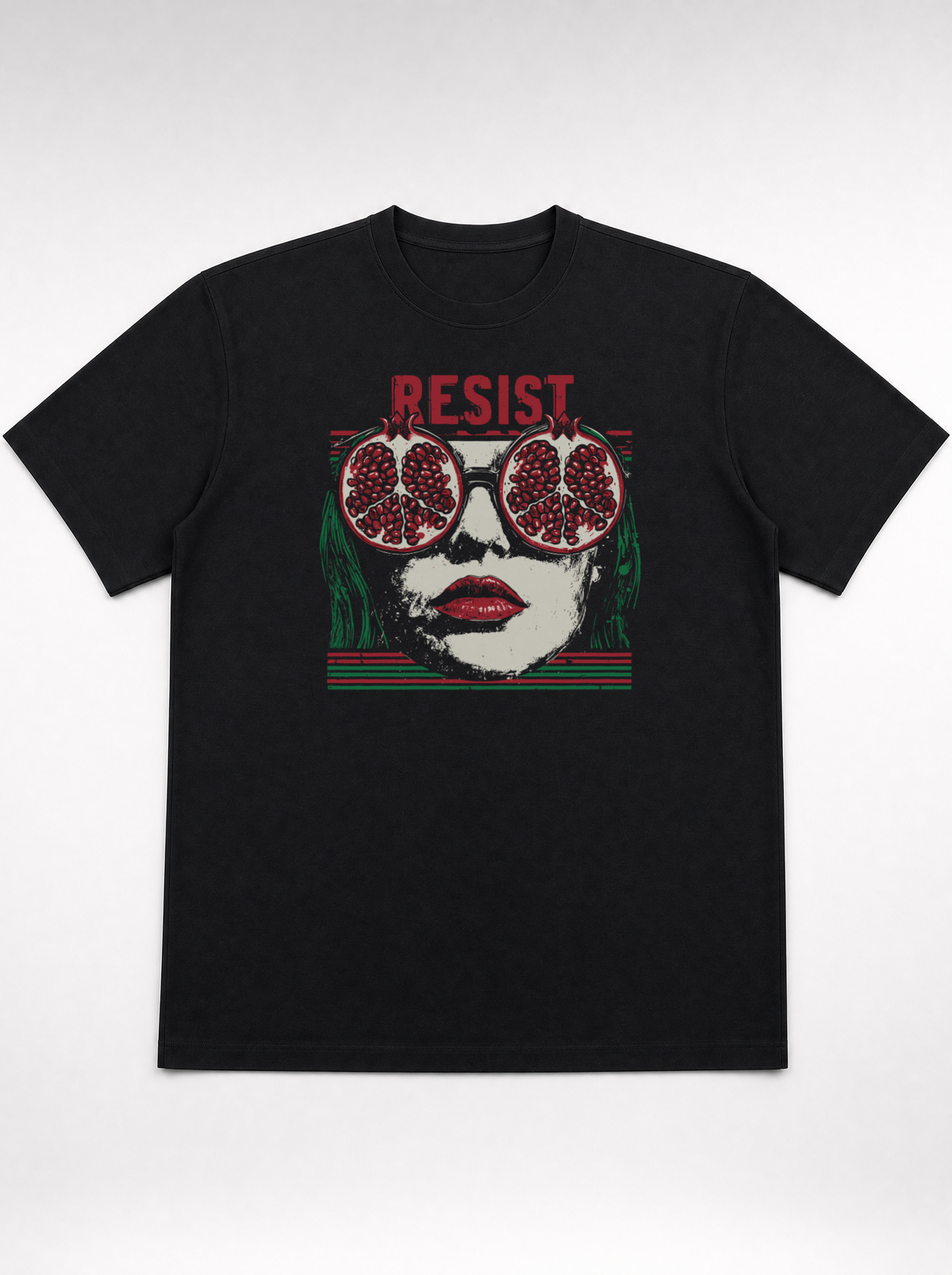 gravisk Resist organic graphic tee. Pop-art portrait with pomegranate lenses, distressed red RESIST above.