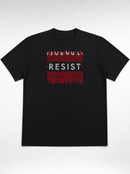 gravisk Resist organic graphic tee. White RESIST between two bands of churning red and black texture.