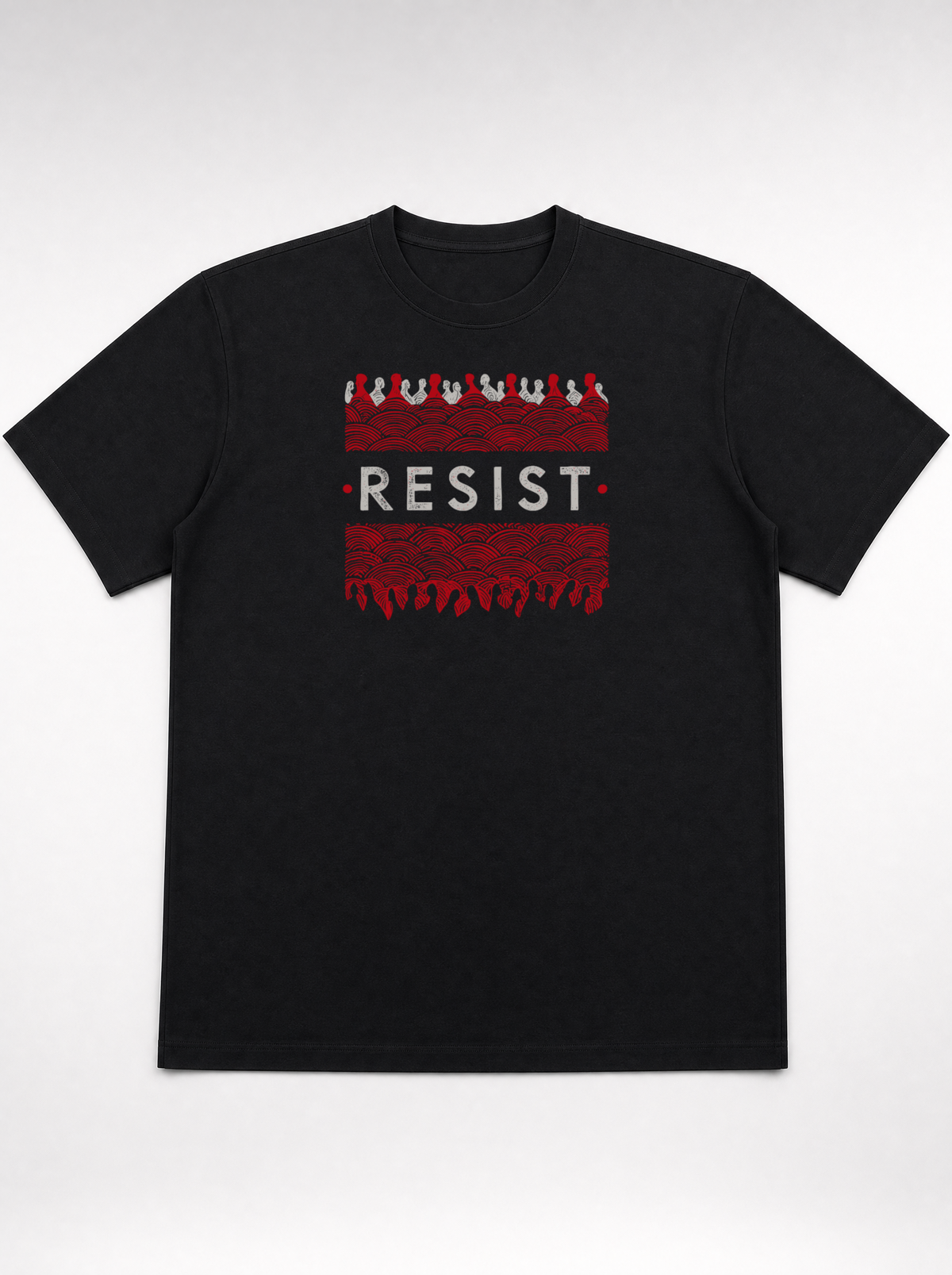 gravisk Resist organic graphic tee. White RESIST between two bands of churning red and black texture.