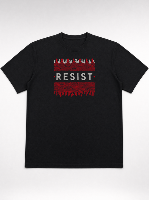 gravisk Resist organic graphic tee. White RESIST between two bands of churning red and black texture.