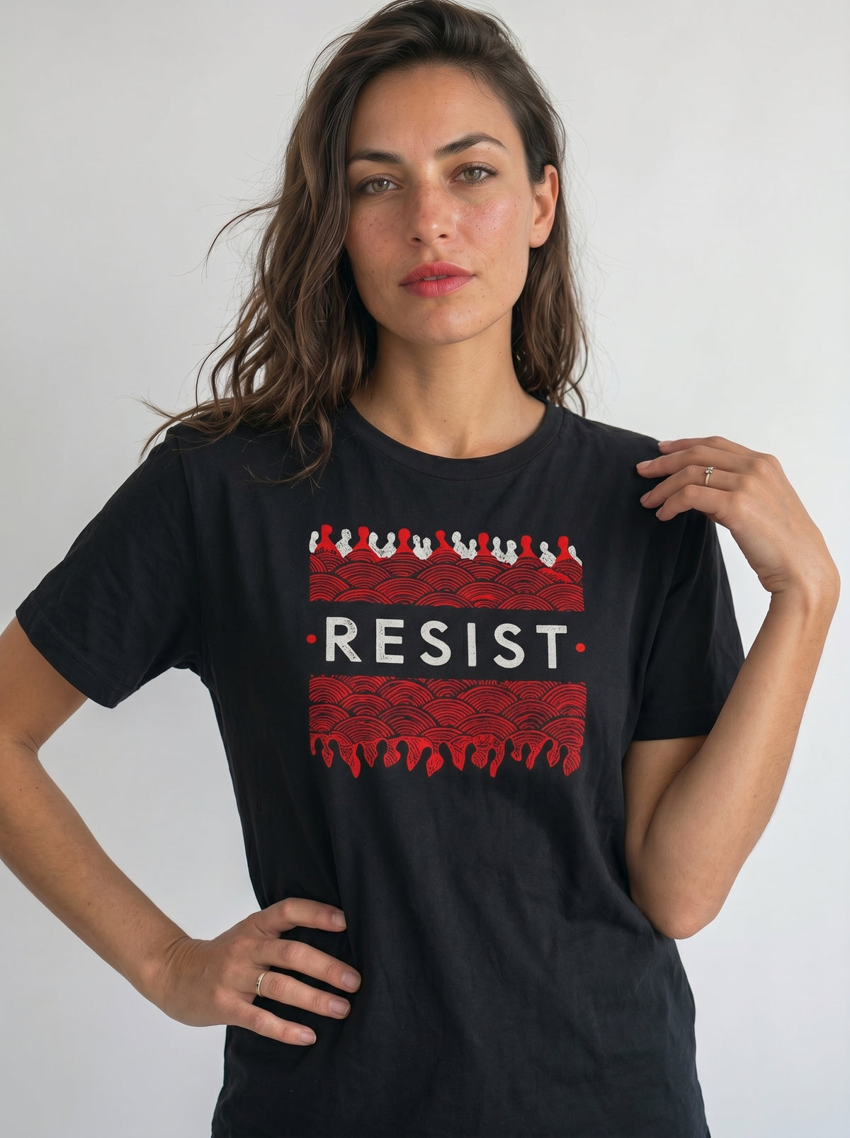gravisk Resist organic graphic tee. White RESIST between two bands of churning red and black texture.