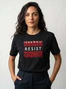 gravisk Resist organic graphic tee. White RESIST between two bands of churning red and black texture.