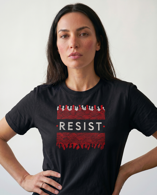 gravisk Resist organic graphic tee. White RESIST between two bands of churning red and black texture.