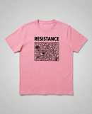 gravisk Resistance organic graphic tee. Hand-drawn panel of plants, faces and symbols in black line work, RESISTANCE above.