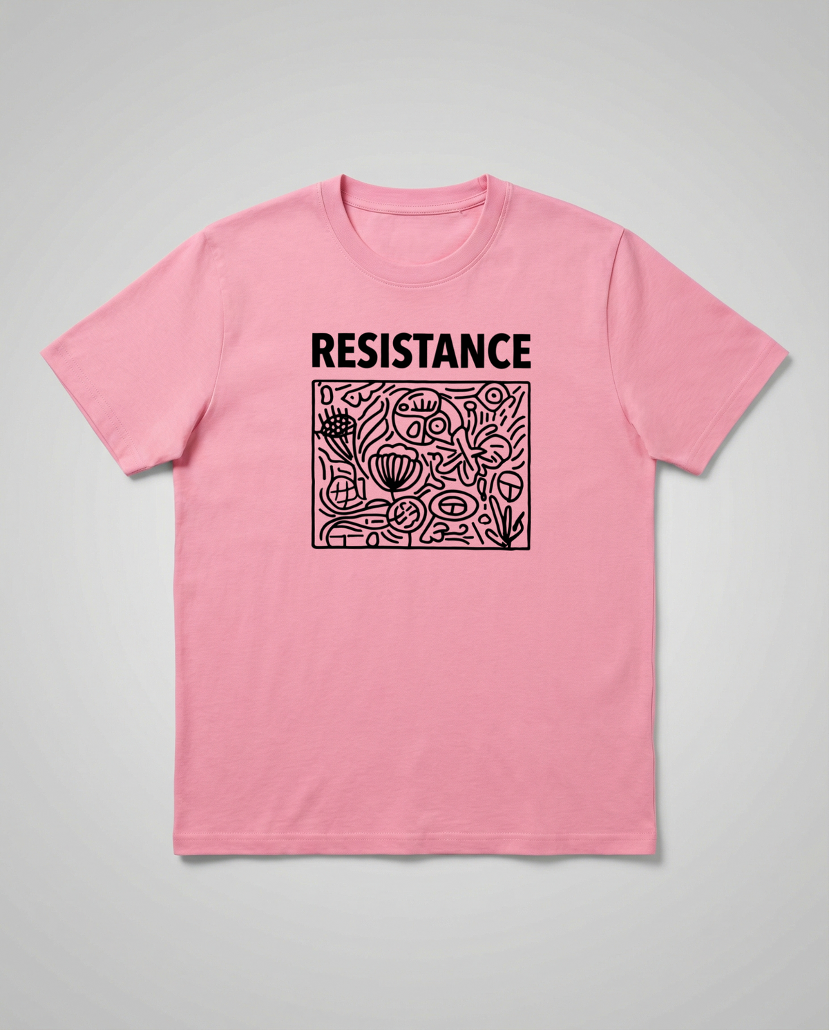 gravisk Resistance organic graphic tee. Hand-drawn panel of plants, faces and symbols in black line work, RESISTANCE above.