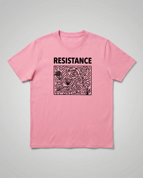 gravisk Resistance organic graphic tee. Hand-drawn panel of plants, faces and symbols in black line work, RESISTANCE above.