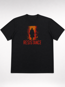 gravisk Resistance organic graphic tee. A silhouette in a burning orange doorway, RESISTANCE in red below.