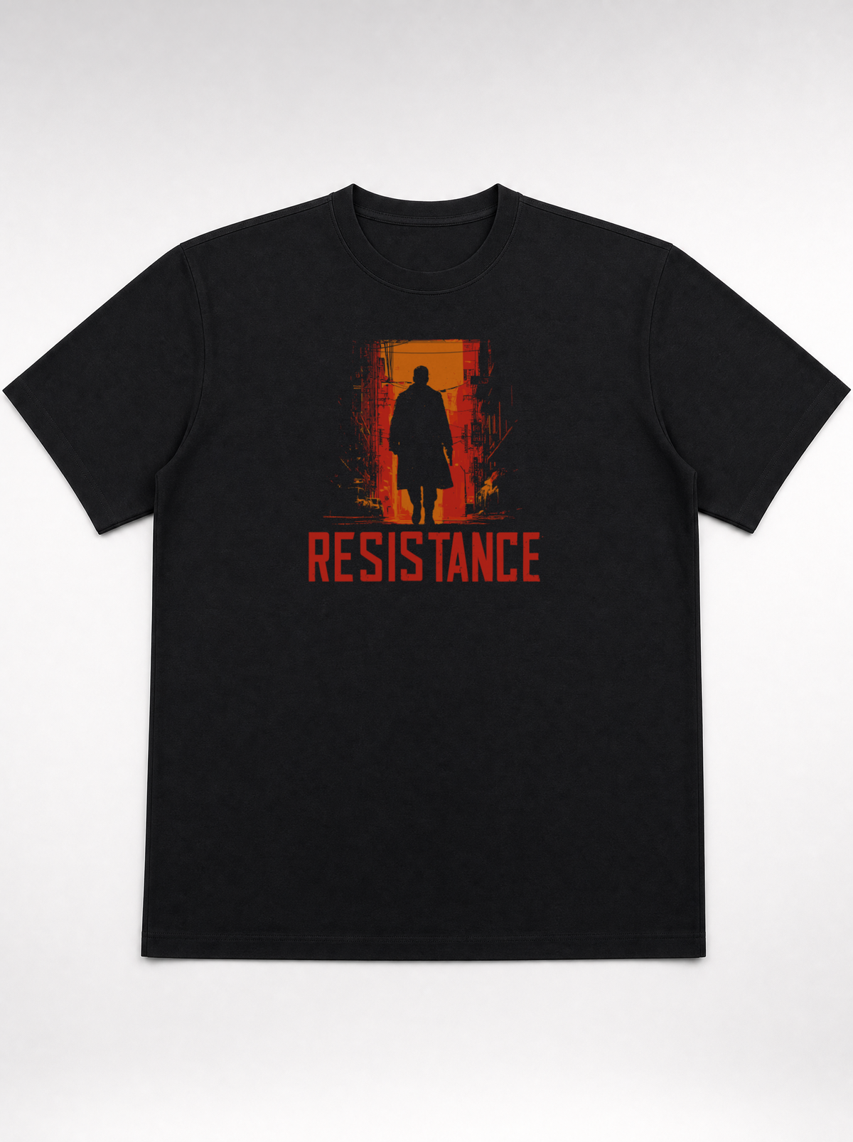 gravisk Resistance organic graphic tee. A silhouette in a burning orange doorway, RESISTANCE in red below.