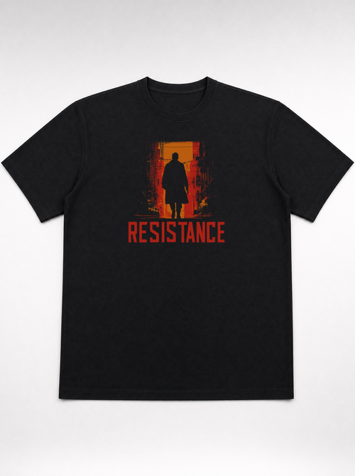 gravisk Resistance organic graphic tee. A silhouette in a burning orange doorway, RESISTANCE in red below.