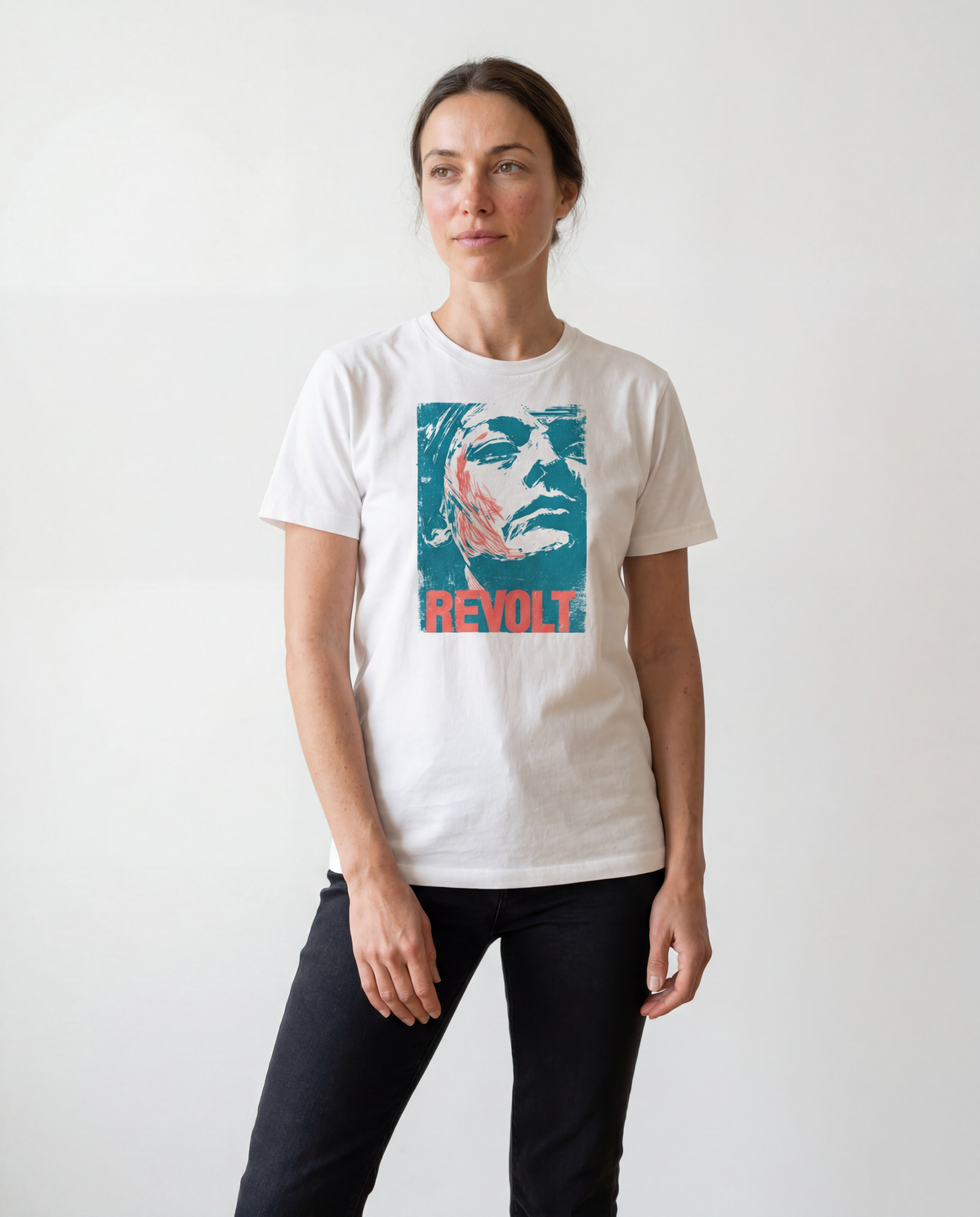 gravisk Revolt organic graphic tee. Faded teal portrait with a red streak, bold red REVOLT type.