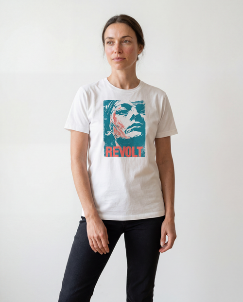 gravisk Revolt organic graphic tee. Faded teal portrait with a red streak, bold red REVOLT type.