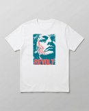 gravisk Revolt organic graphic tee. Faded teal portrait with a red streak, bold red REVOLT type.