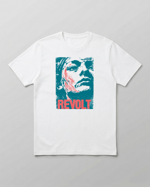 gravisk Revolt organic graphic tee. Faded teal portrait with a red streak, bold red REVOLT type.