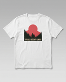 gravisk Socially Distant Always organic graphic tee. Pine treeline and a lone figure under a big red sun.