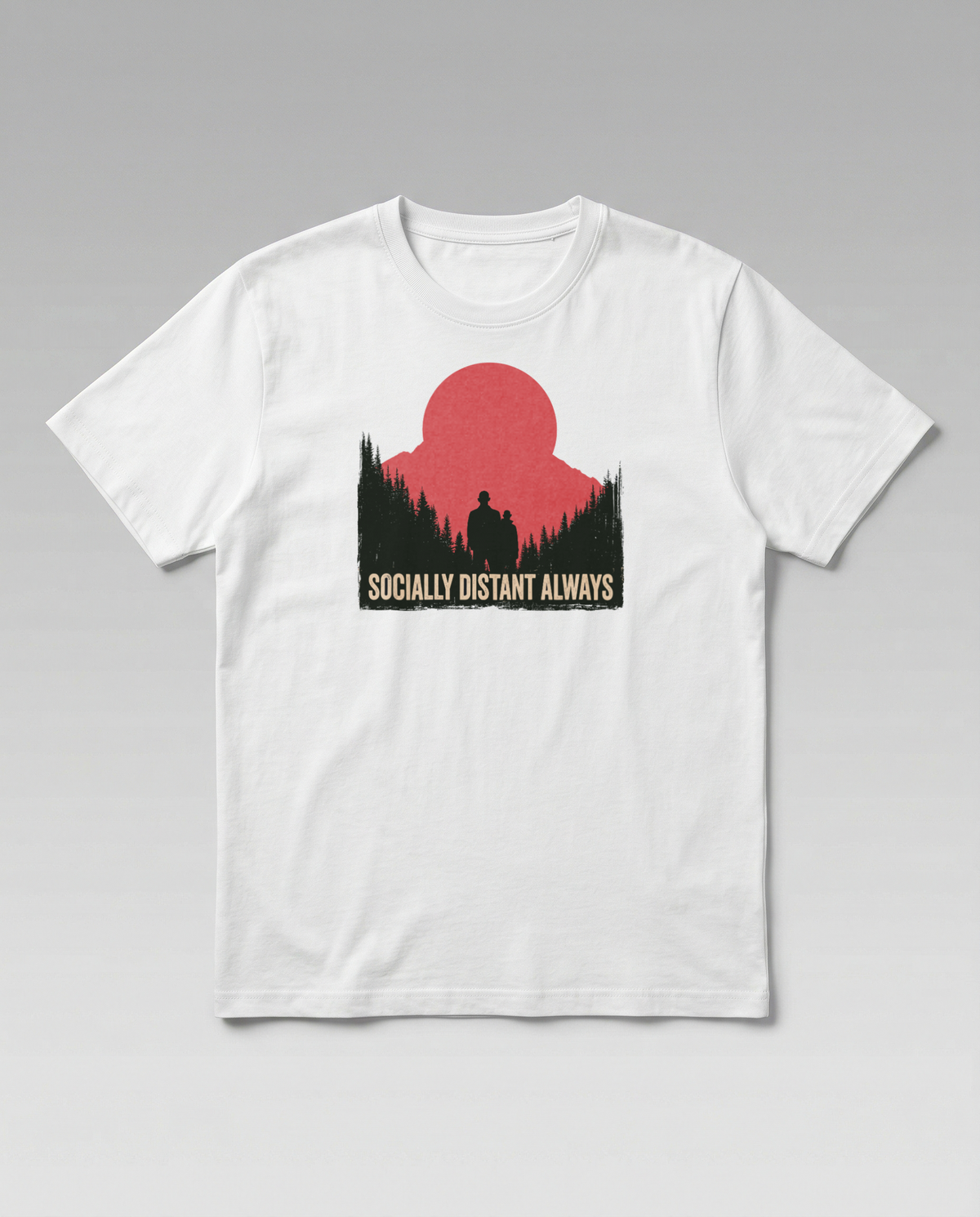 gravisk Socially Distant Always organic graphic tee. Pine treeline and a lone figure under a big red sun.