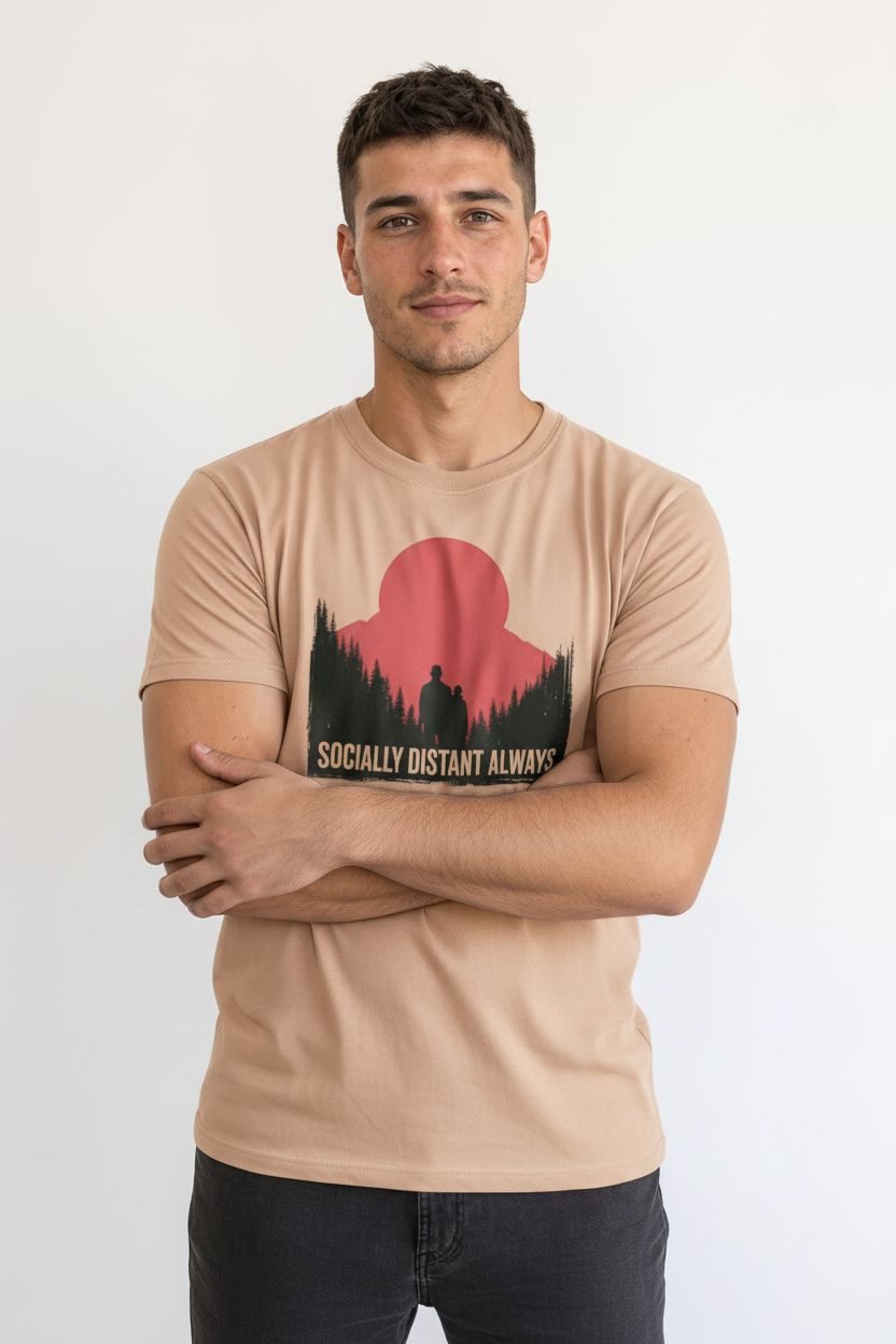 gravisk Socially Distant Always organic graphic tee. Pine treeline and a lone figure under a big red sun.