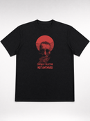 gravisk Socially Selective, Not Awkward organic graphic tee. A man in round glasses, hand over his mouth, inside a red circle.