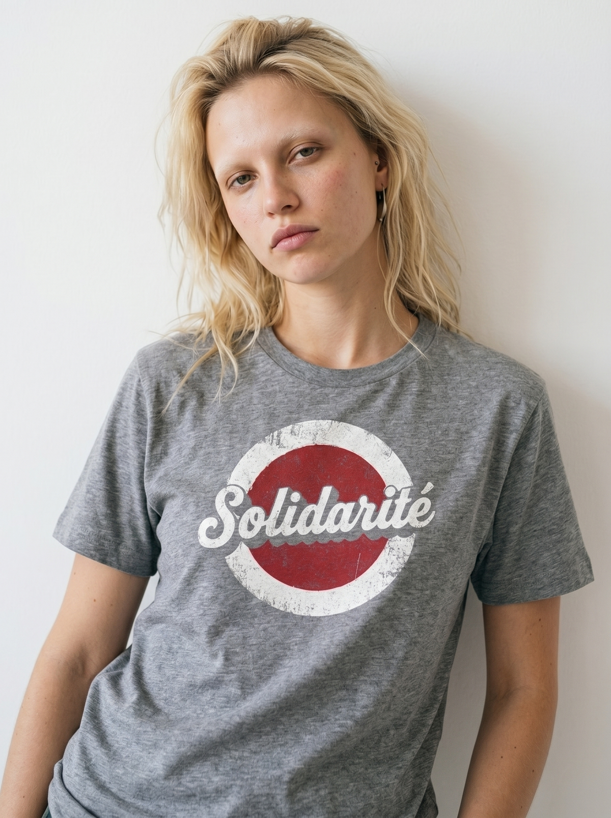 gravisk Solidarité organic graphic tee. Solidarité in white script on a worn red and white circle.