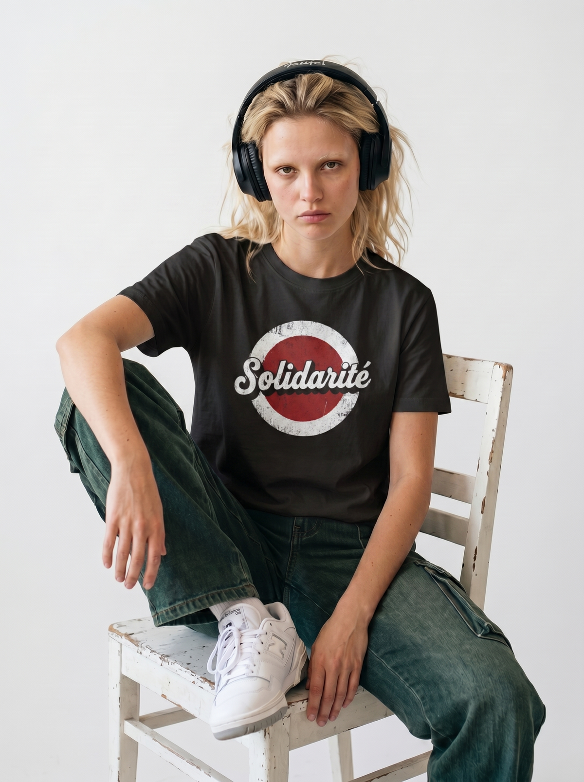 gravisk Solidarité organic graphic tee. Solidarité in white script on a worn red and white circle.
