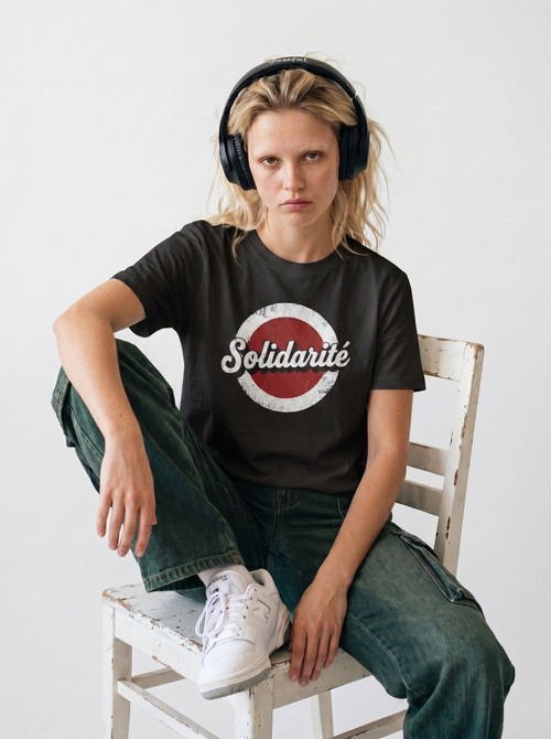 gravisk Solidarité organic graphic tee. Solidarité in white script on a worn red and white circle.