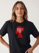 gravisk Stand Up Speak Out organic graphic tee. Red female head silhouette with STAND UP SPEAK OUT inside.