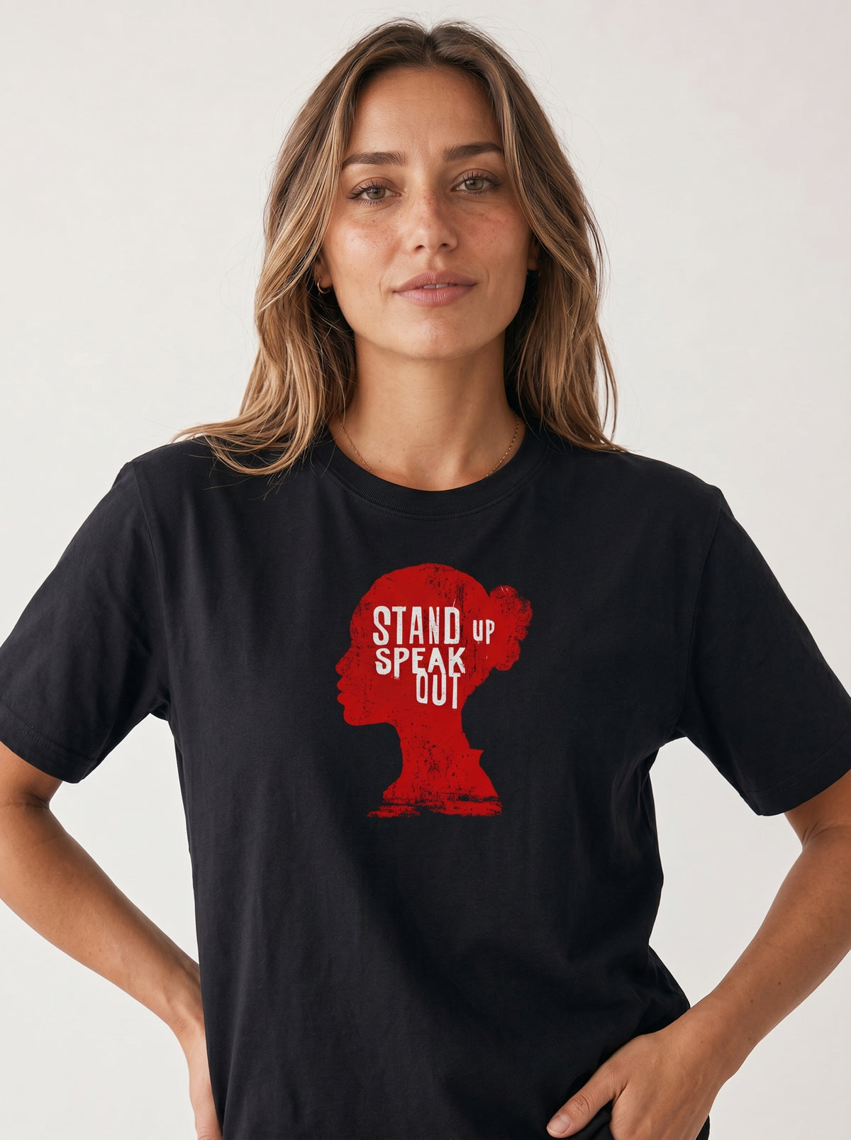 gravisk Stand Up Speak Out organic graphic tee. Red female head silhouette with STAND UP SPEAK OUT inside.