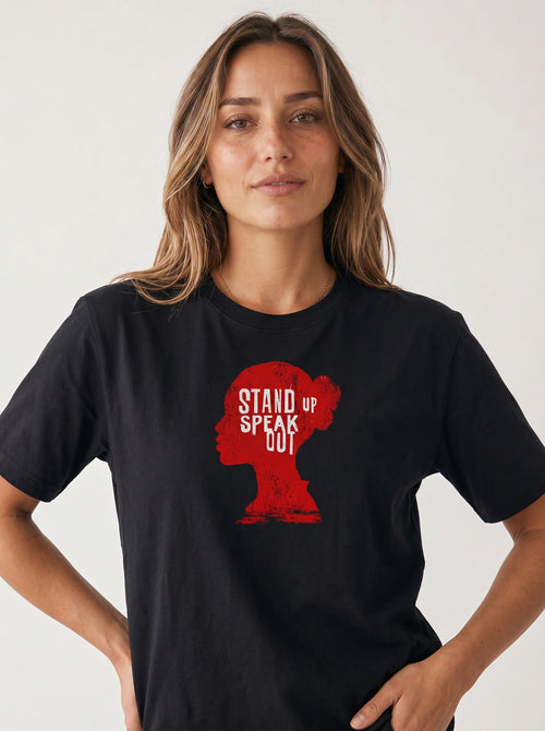 gravisk Stand Up Speak Out organic graphic tee. Red female head silhouette with STAND UP SPEAK OUT inside.