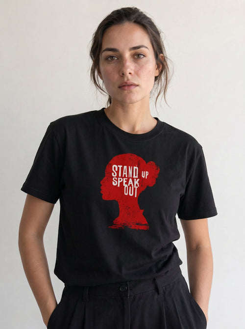 gravisk Stand Up Speak Out organic graphic tee. Red female head silhouette with STAND UP SPEAK OUT inside.