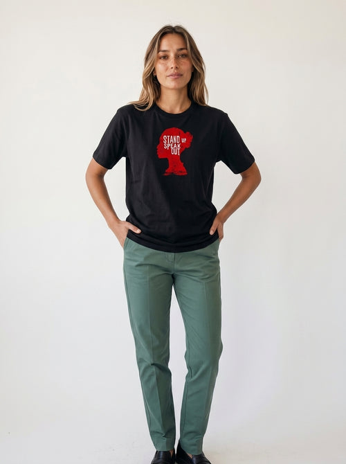 gravisk Stand Up Speak Out organic graphic tee. Red female head silhouette with STAND UP SPEAK OUT inside.