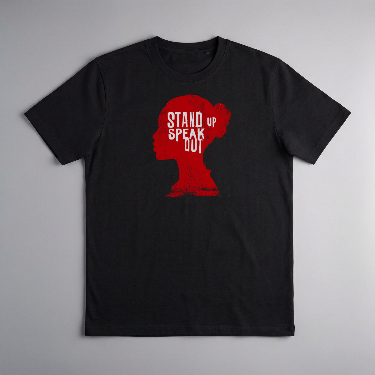 gravisk Stand Up Speak Out organic graphic tee. Red female head silhouette with STAND UP SPEAK OUT inside.