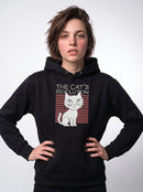 gravisk The Cat's Revolution graphic hoodie in organic cotton. Wide-eyed white cat over coral stripes with retro lettering.