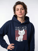 gravisk The Cat's Revolution graphic hoodie in organic cotton. Wide-eyed white cat over coral stripes with retro lettering.