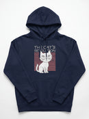 gravisk The Cat's Revolution graphic hoodie in organic cotton. Wide-eyed white cat over coral stripes with retro lettering.