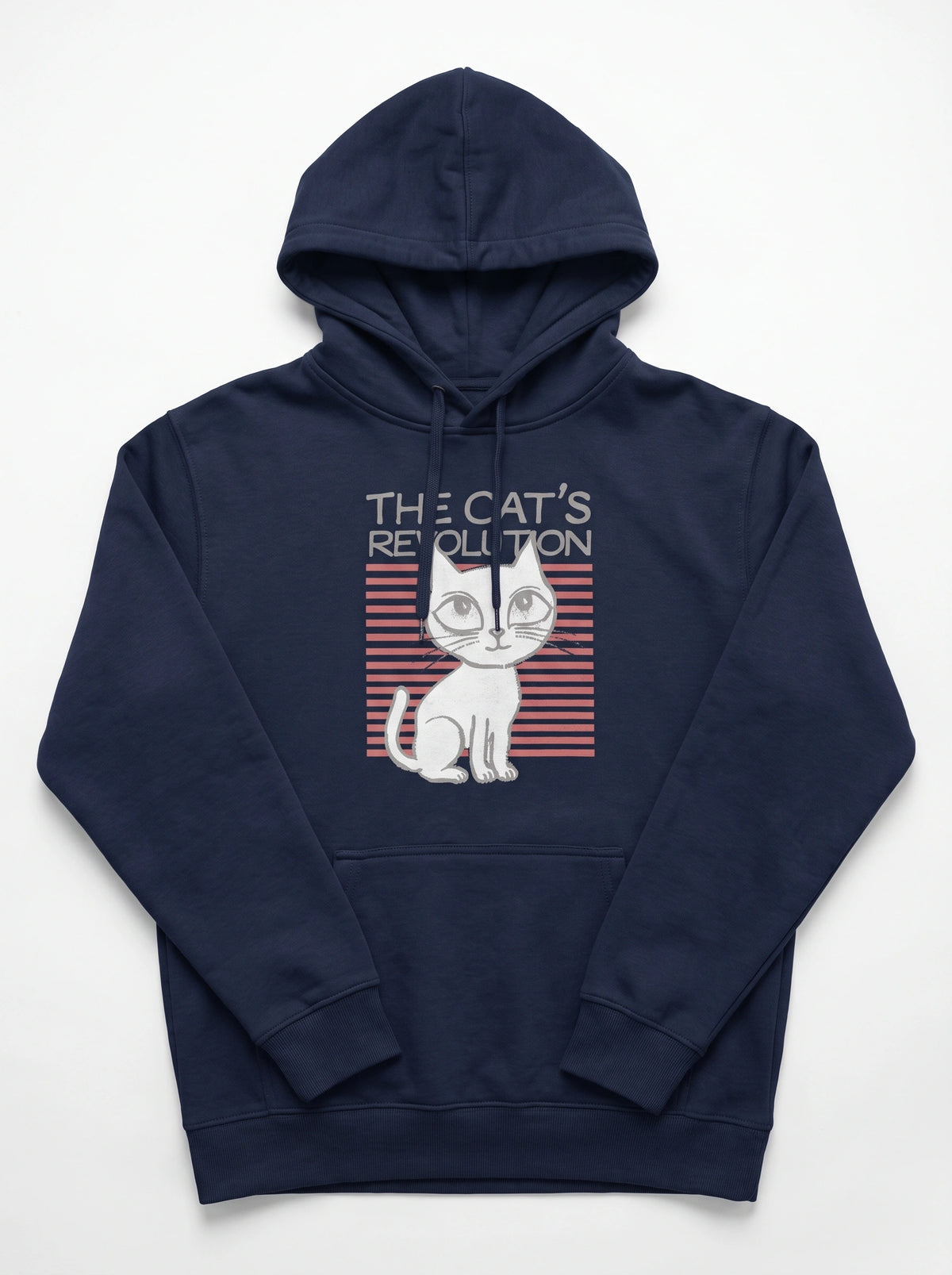 gravisk The Cat's Revolution graphic hoodie in organic cotton. Wide-eyed white cat over coral stripes with retro lettering.