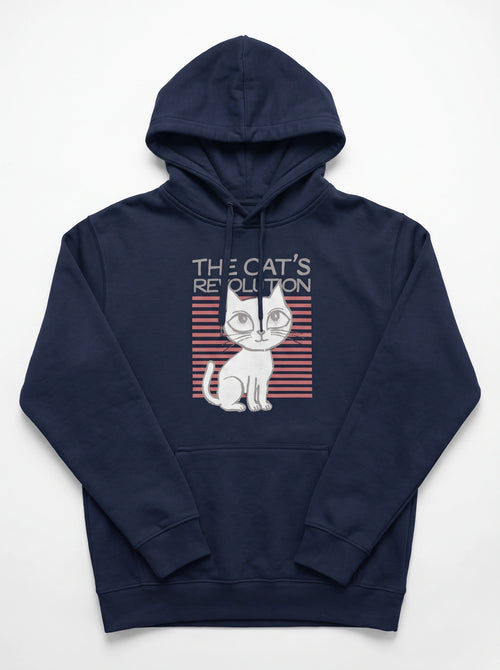 gravisk The Cat's Revolution graphic hoodie in organic cotton. Wide-eyed white cat over coral stripes with retro lettering.