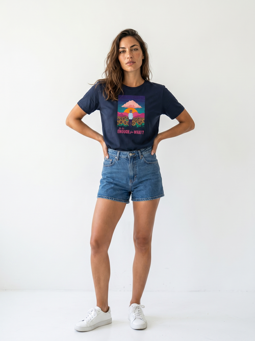 gravisk To Be Enough for What? organic graphic tee. A lone figure in a sunflower field at sunset, TO BE ENOUGH FOR WHAT?