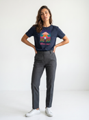 gravisk To Be Enough for What? organic graphic tee. A lone figure in a sunflower field at sunset, TO BE ENOUGH FOR WHAT?