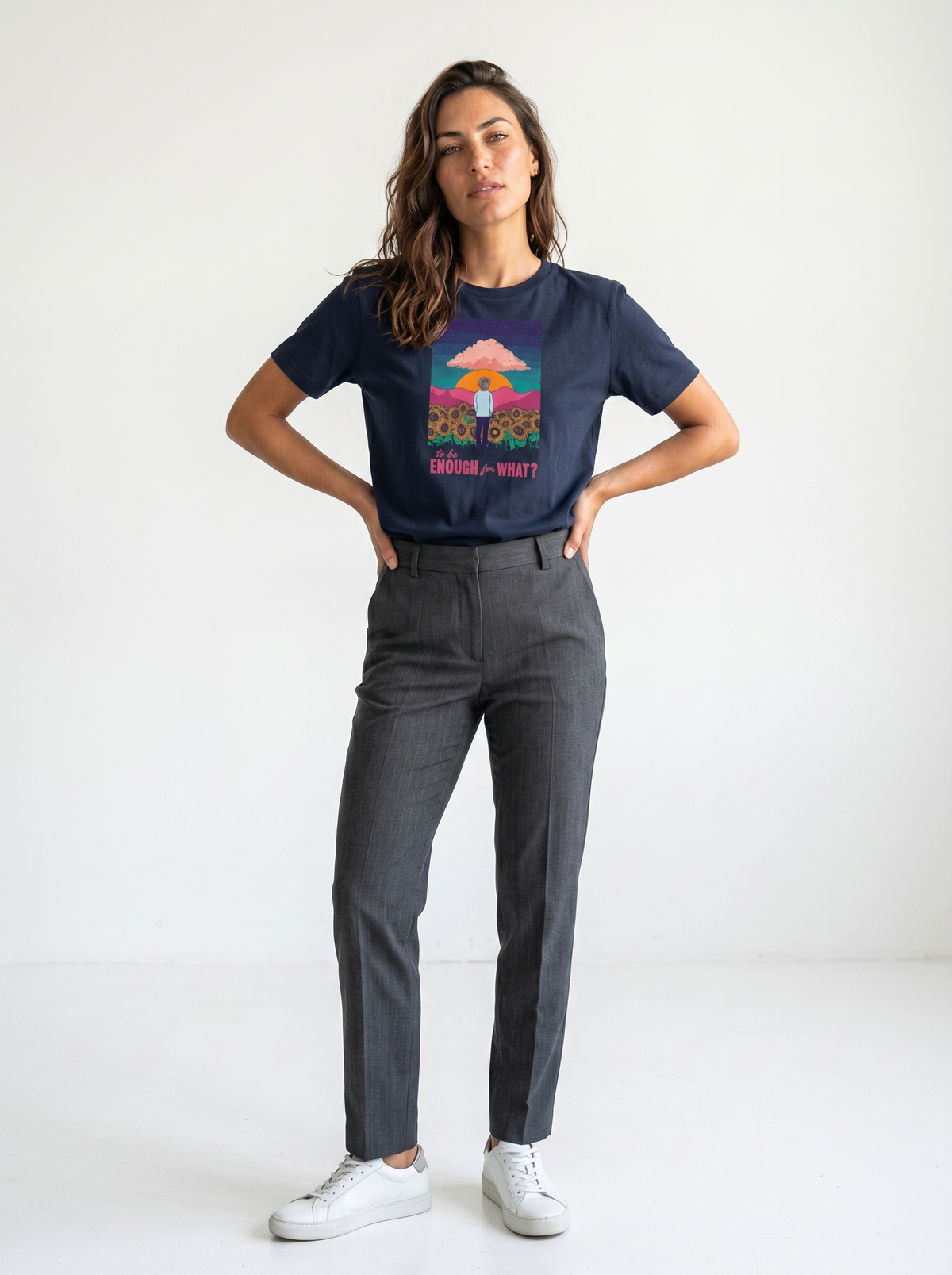 gravisk To Be Enough for What? organic graphic tee. A lone figure in a sunflower field at sunset, TO BE ENOUGH FOR WHAT?