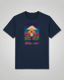 gravisk To Be Enough for What? organic graphic tee. A lone figure in a sunflower field at sunset, TO BE ENOUGH FOR WHAT?