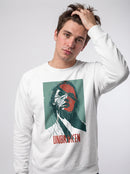 gravisk Unbroken graphic sweatshirt in organic cotton. Portrait split like shattered glass in teal and red with the word unbroken.