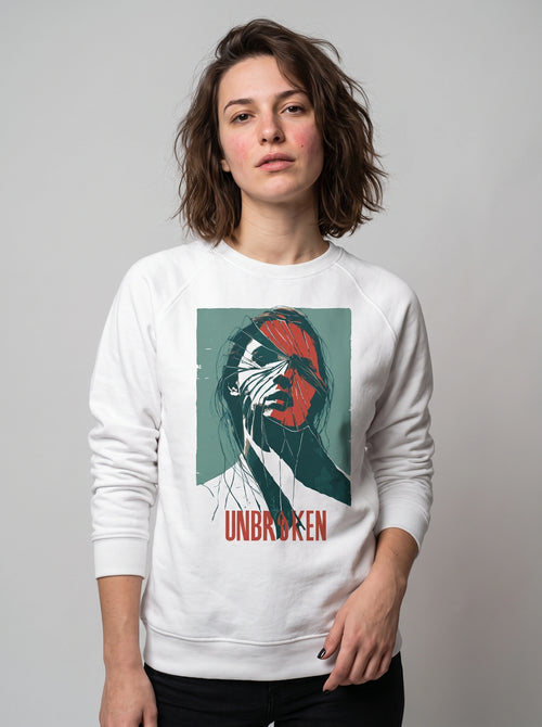 gravisk Unbroken graphic sweatshirt in organic cotton. Portrait split like shattered glass in teal and red with the word unbroken.