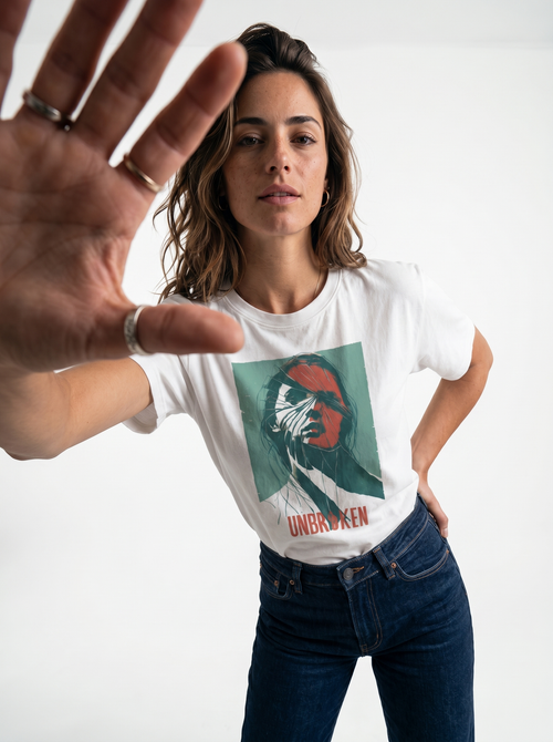 gravisk Unbroken organic graphic tee. Cracked green and red portrait, a hand across the face, UNBROKEN.