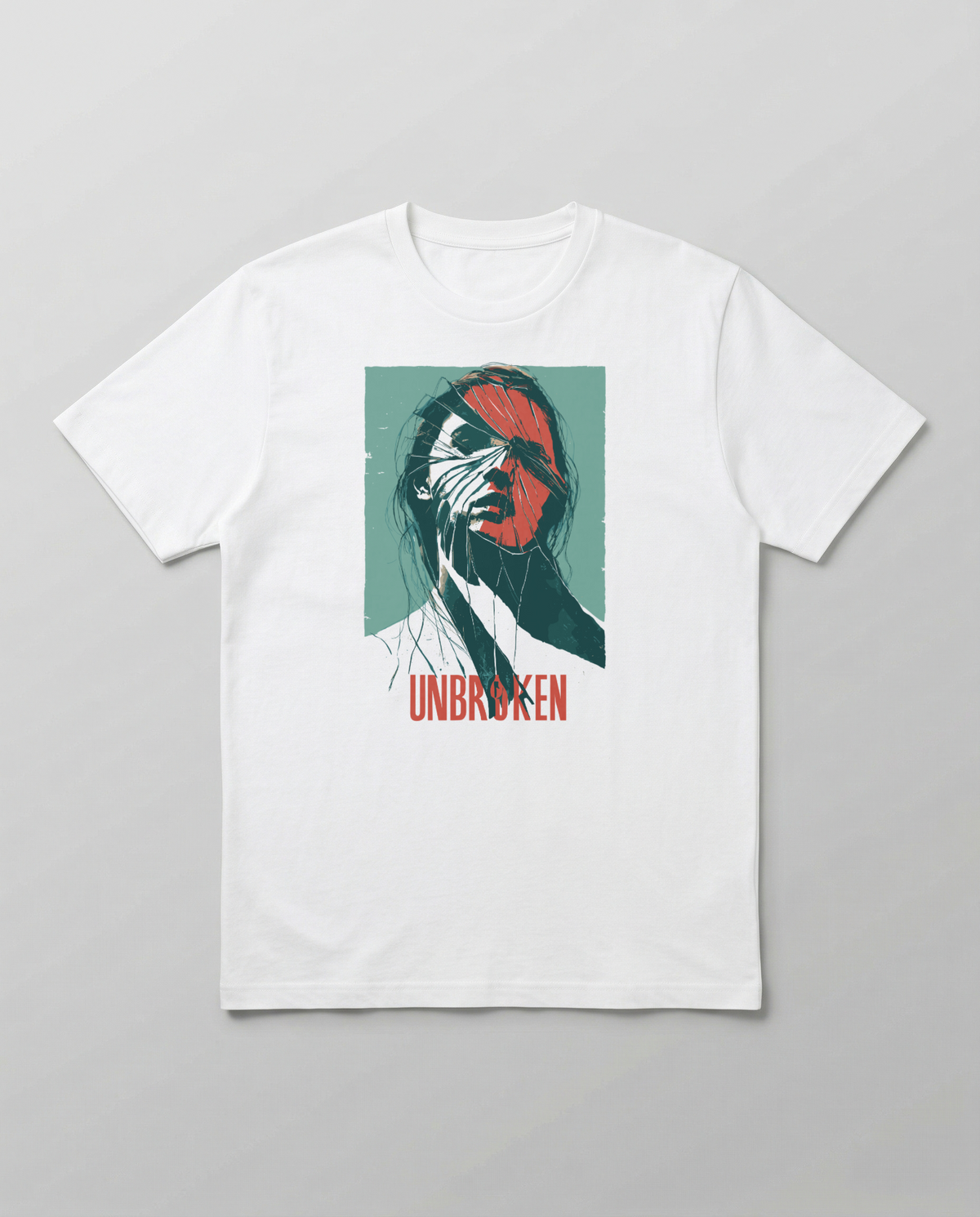 gravisk Unbroken organic graphic tee. Cracked green and red portrait, a hand across the face, UNBROKEN.