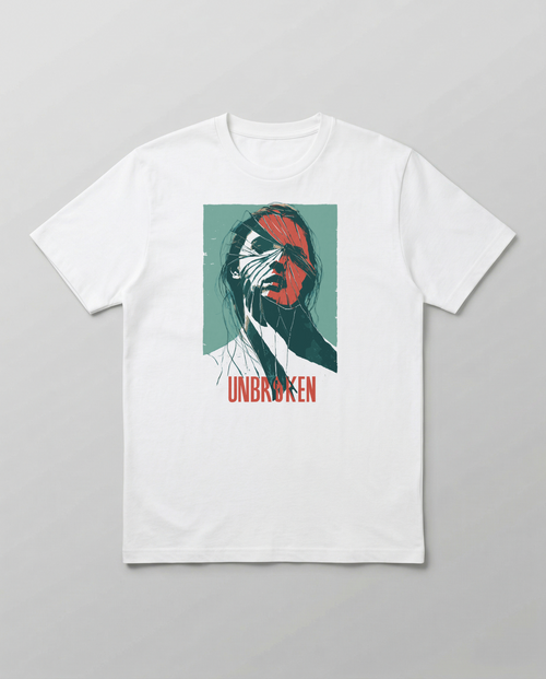gravisk Unbroken organic graphic tee. Cracked green and red portrait, a hand across the face, UNBROKEN.