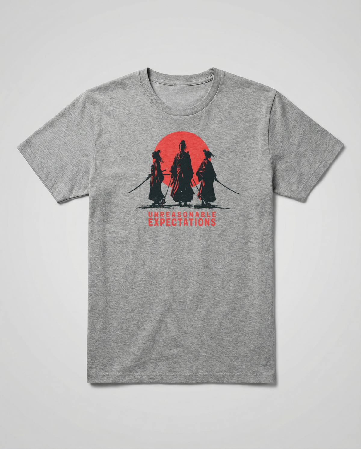 gravisk Unreasonable Expectations organic graphic tee. Three samurai silhouettes before a red sun, UNREASONABLE EXPECTATIONS.