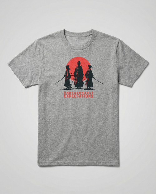 gravisk Unreasonable Expectations organic graphic tee. Three samurai silhouettes before a red sun, UNREASONABLE EXPECTATIONS.