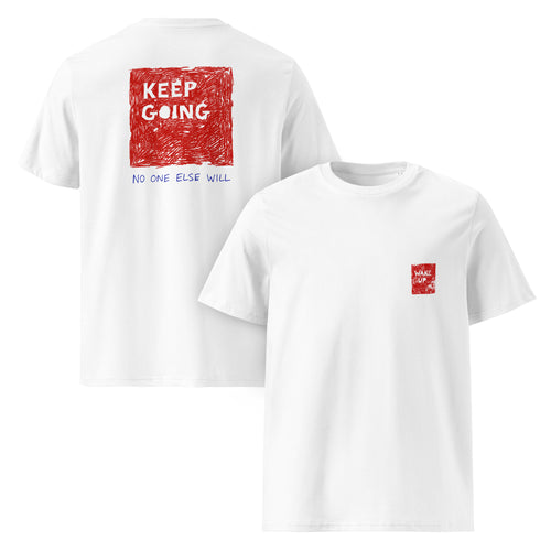 gravisk Wake Up organic graphic tee. Small WAKE UP chest print, large KEEP GOING red square on the back.