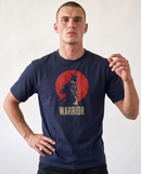 gravisk Warrior organic graphic tee. A lone samurai against a red sun, WARRIOR in cream capitals.