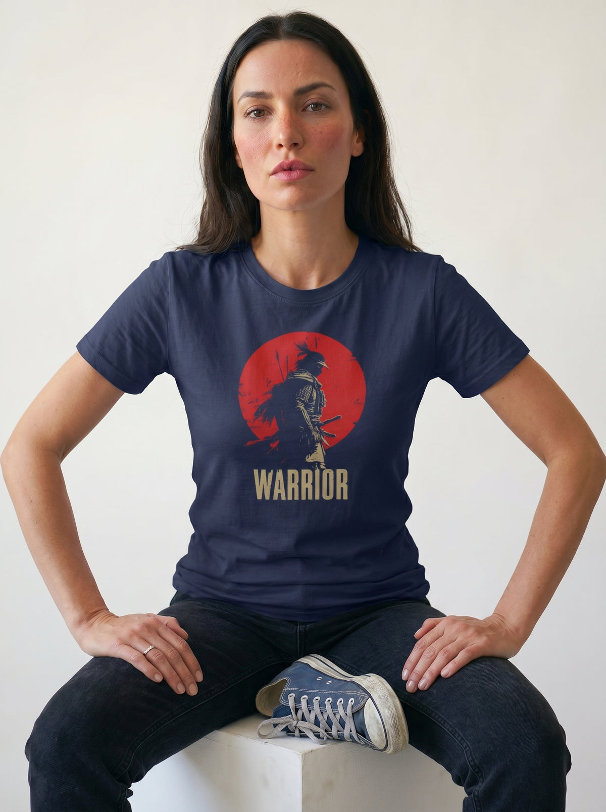 gravisk Warrior organic graphic tee. A lone samurai against a red sun, WARRIOR in cream capitals.