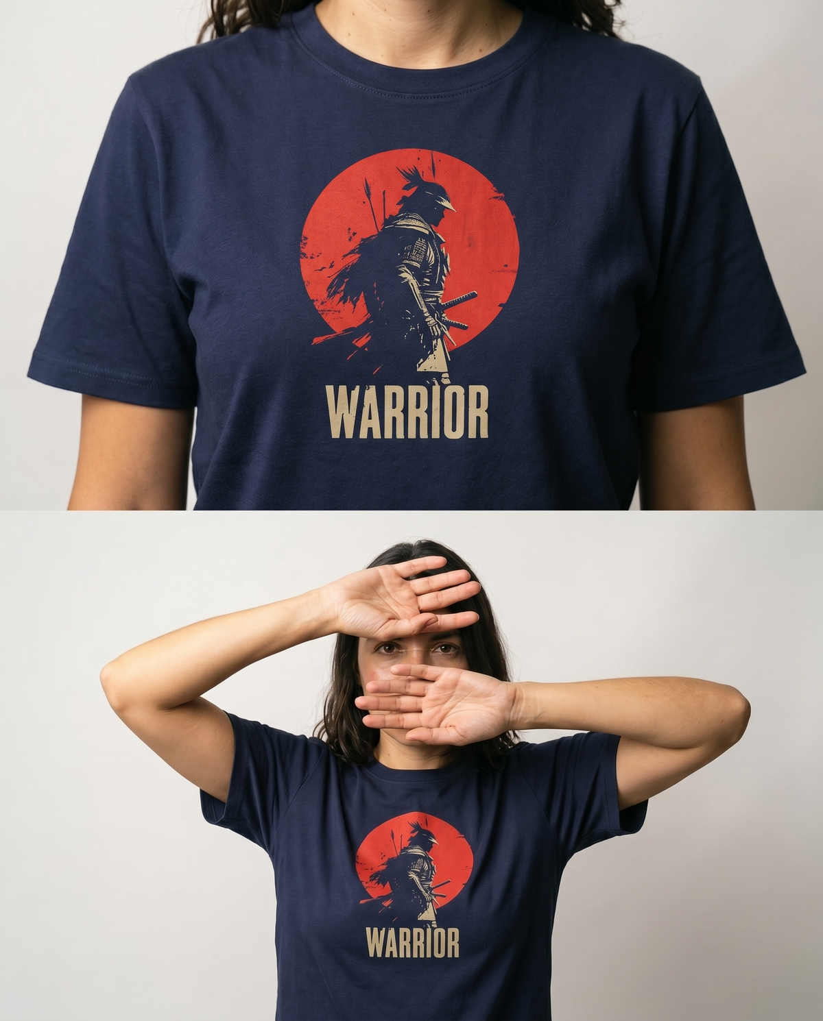 gravisk Warrior organic graphic tee. A lone samurai against a red sun, WARRIOR in cream capitals.